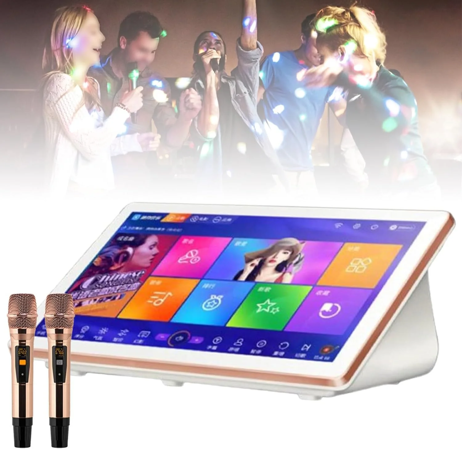 دستگاه کارائوکه 18.5 اینچی، پخش کننده کارائوکه 4K، 2 میکروفون بی سیم + کنترل از راه دور تلفن + پشتیبانی از 22 زبان، 2 ترابایت