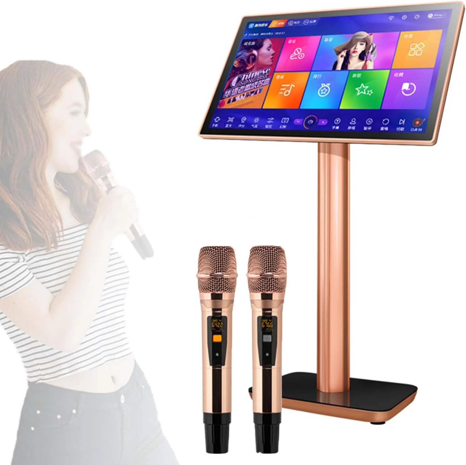 دستگاه کارائوکه با صفحه لمسی 22 اینچی - با میکروفون بی سیم، ریورب DSP داخلی، نمایشگر 4K، 27 زبان، کنترل برنامه/صفحه لمسی، کتابخانه آهنگ با ظرفیت بالا، 4 ترابایت