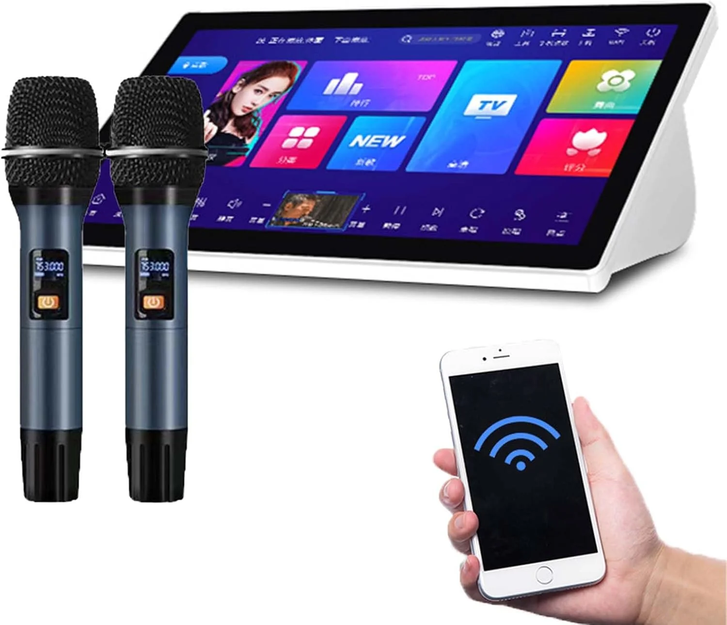 دستگاه کارائوکه قابل حمل با صفحه لمسی خازنی 18.5 اینچی، با عملکردهای Reverb و تقویت کننده، 2 میکروفون Reverb بی سیم، Wifi+ برنامه ها برای سرگرمی خانگی، 1 ترابایت