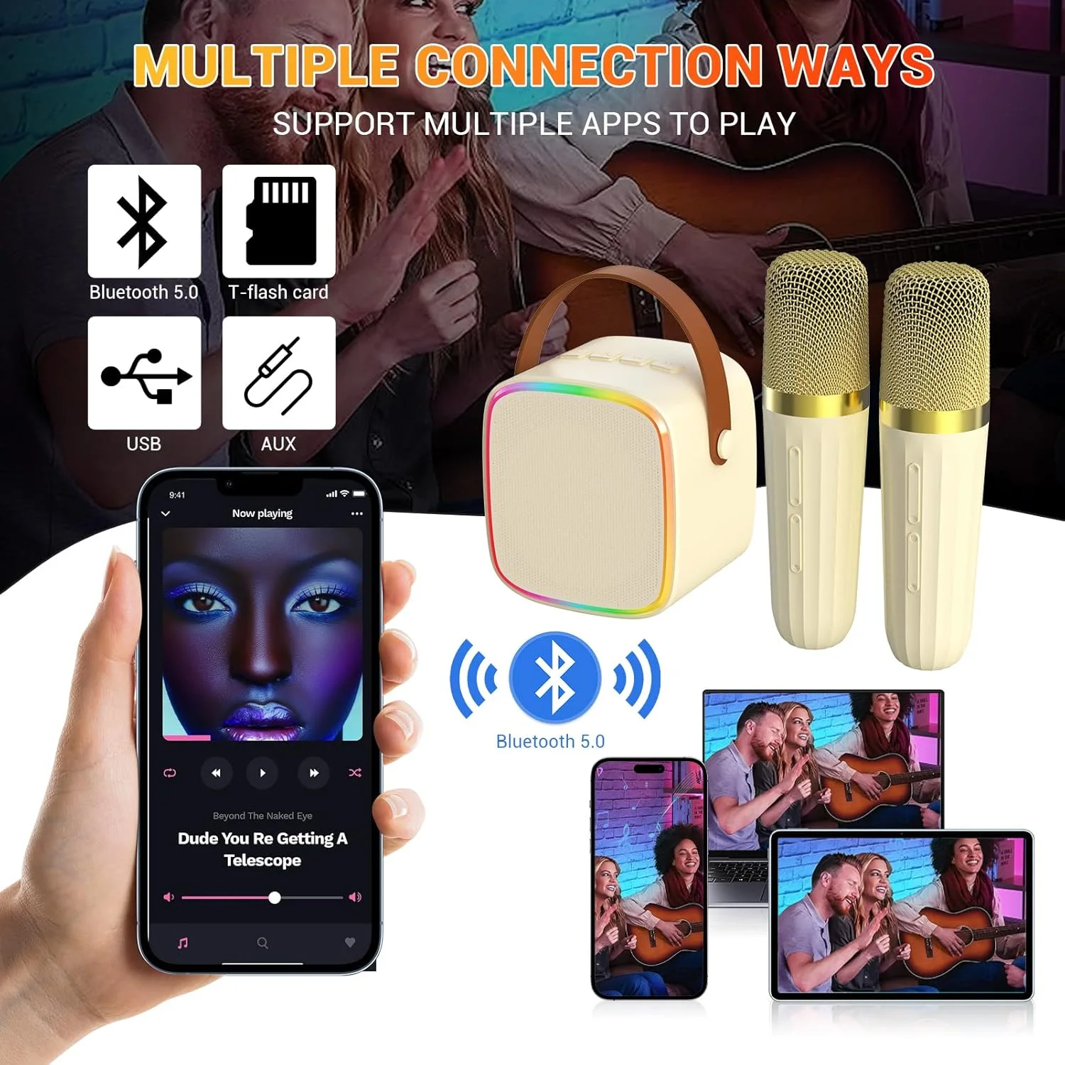 دستگاه کارائوکه کوچک Txcige برای کودکان و بزرگسالان، اسپیکر کارائوکه بلوتوث قابل حمل با 2 میکروفون بی سیم و چراغ های رنگارنگ، هدیه تولد برای دختران پسران مهمانی خانوادگی مسافرت در فضای باز (بژ)