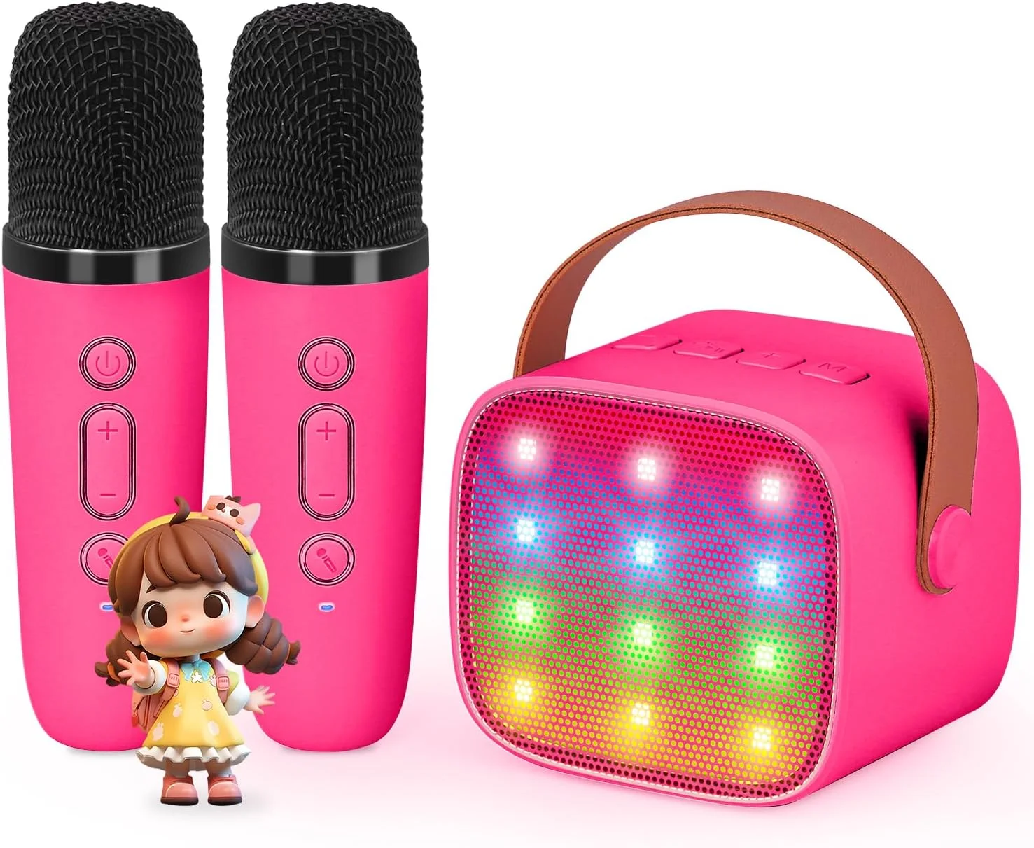 دستگاه کارائوکه کوچک با 2 میکروفون بی سیم برای کودکان، اسباب بازی های دخترانه و پسرانه، بلندگوی بلوتوث قابل حمل هدیه برای دختران 4 5 6 7 8 ساله (قرمز گل رز)