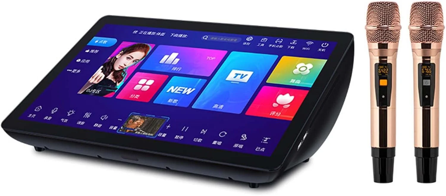 دستگاه کارائوکه صفحه لمسی 19.5 اینچی، کنترل تلفن همراه، استفاده آنلاین/آفلاین، عملکرد تقویت کننده، بیش از 20 زبان، با میکروفون، خانگی/KTV، مشکی، 6T