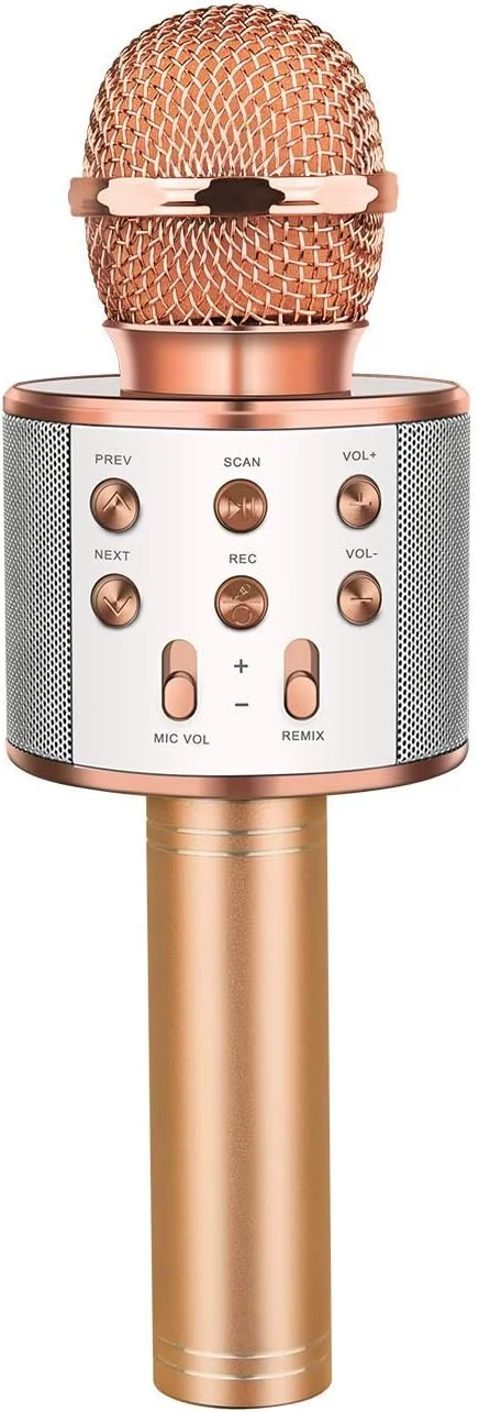 میکروفون کارائوکه بلوتوث بی سیم 4 در 1 با چراغ های LED، میکروفون قابل حمل برای کودکان، بهترین هدیه اسباب بازی برای دختران و پسران 4 6 8 10 12 ساله (شامپاینی)