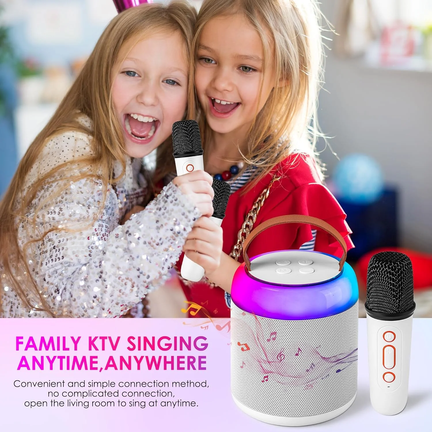 دستگاه کارائوکه کوچک، با 2 میکروفون بی سیم، برای کودکان و بزرگسالان، زمان پخش طولانی، بلندگوی بلوتوث قابل حمل اسباب بازی برای دختران و پسران 2 تا 12 ساله، ایده های مهمانی خانگی هدیه تولد دخترانه (سفید)