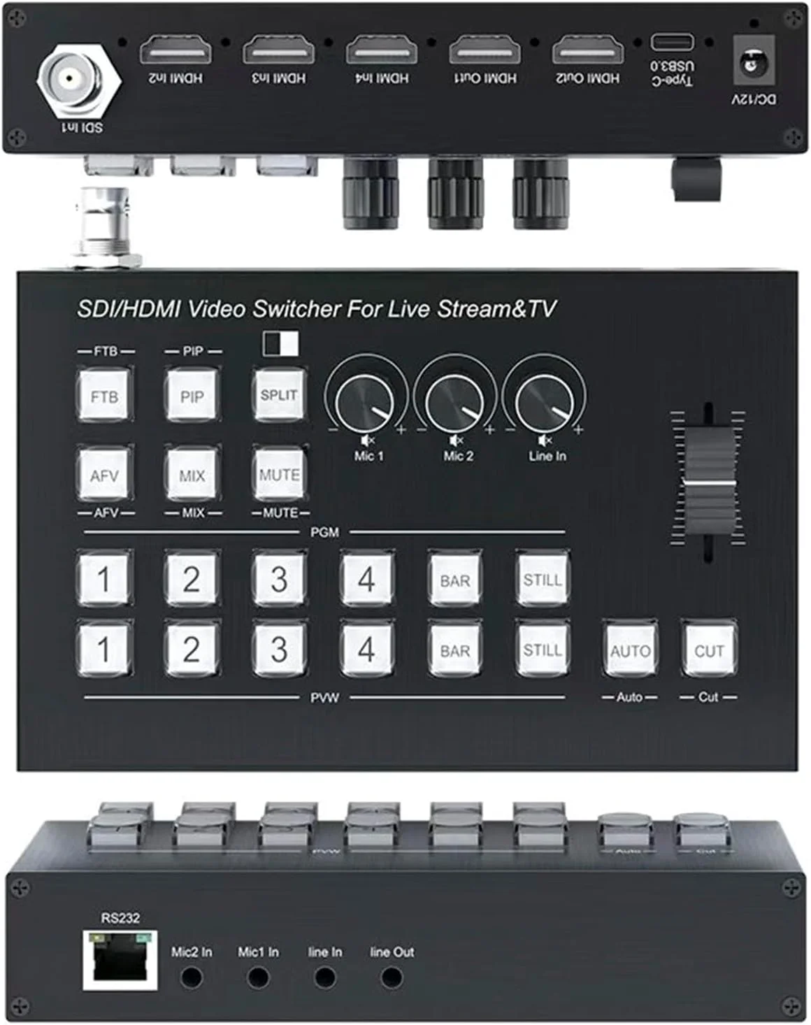 میکسر سوئیچر ویدیو با ورودی 1SDI/3HDMI و خروجی 2HDMI، میکسر صوتی با ورودی 2MIC/LINE و خروجی LiNE، پشتیبانی از ضبط RS232 Type-C USB3.0، پشتیبانی از PGM PVW PIP OSD Image HD Controller و غیره