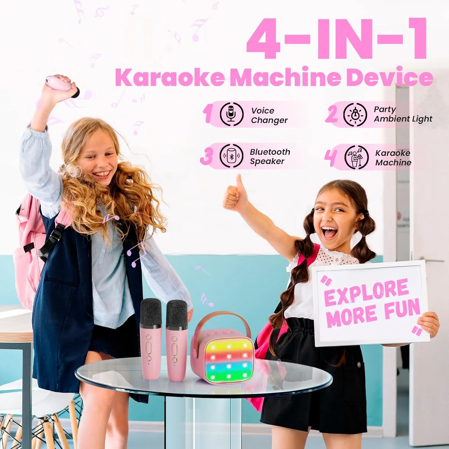 دستگاه کارائوکه Wowstar با 2 میکروفون، [نسخه پریمیوم] دستگاه کارائوکه بلوتوث قابل حمل برای کودکان و بزرگسالان با جلوه های تغییر صدا و چراغ های LED، هدیه اسباب بازی برای دختران و پسران