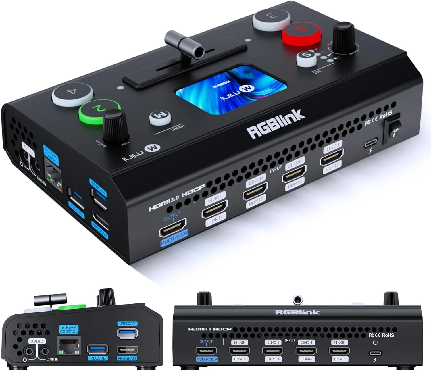 سوییچر تصویر RGBlink Mini V3 با قابلیت‌های قابل تنظیم از طریق TAO Cloud – سوییچر HDMI 4K، صفحه لمسی 2.1 اینچی، پخش زنده چند دوربینه، خروجی HDMI دوگانه، ضبط و کنترل PTZ