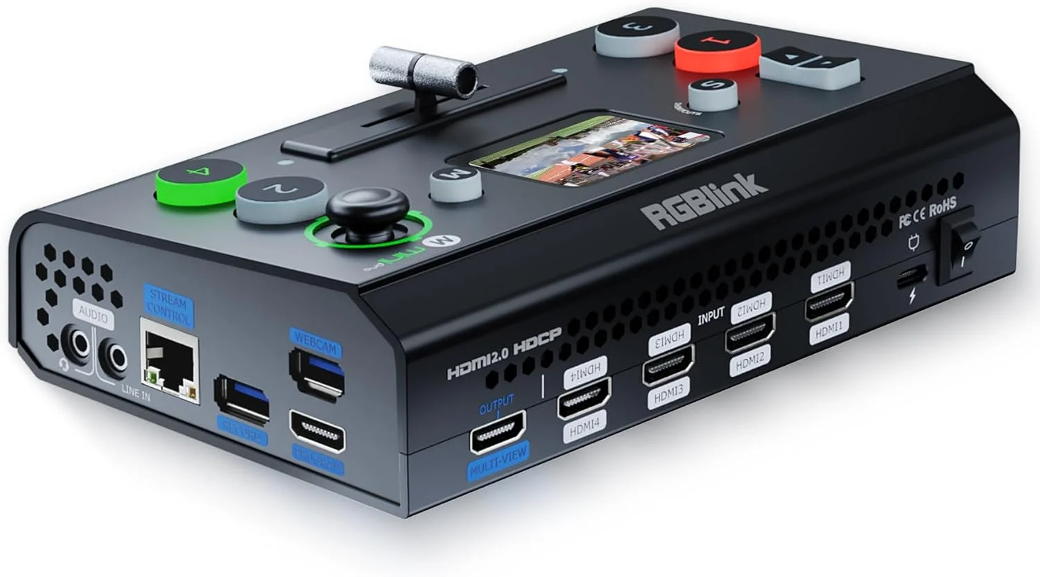 میکسر و سوئیچر تصویر چند دوربینه RGBlink Mini-pro با مانیتور داخلی 4K HDMI، سوئیچر پخش زنده، کروماکی، درج لوگو، خروجی USB3.0 برای کلیسا، وبینارها، عروسی ها، رویدادهای اجتماعی