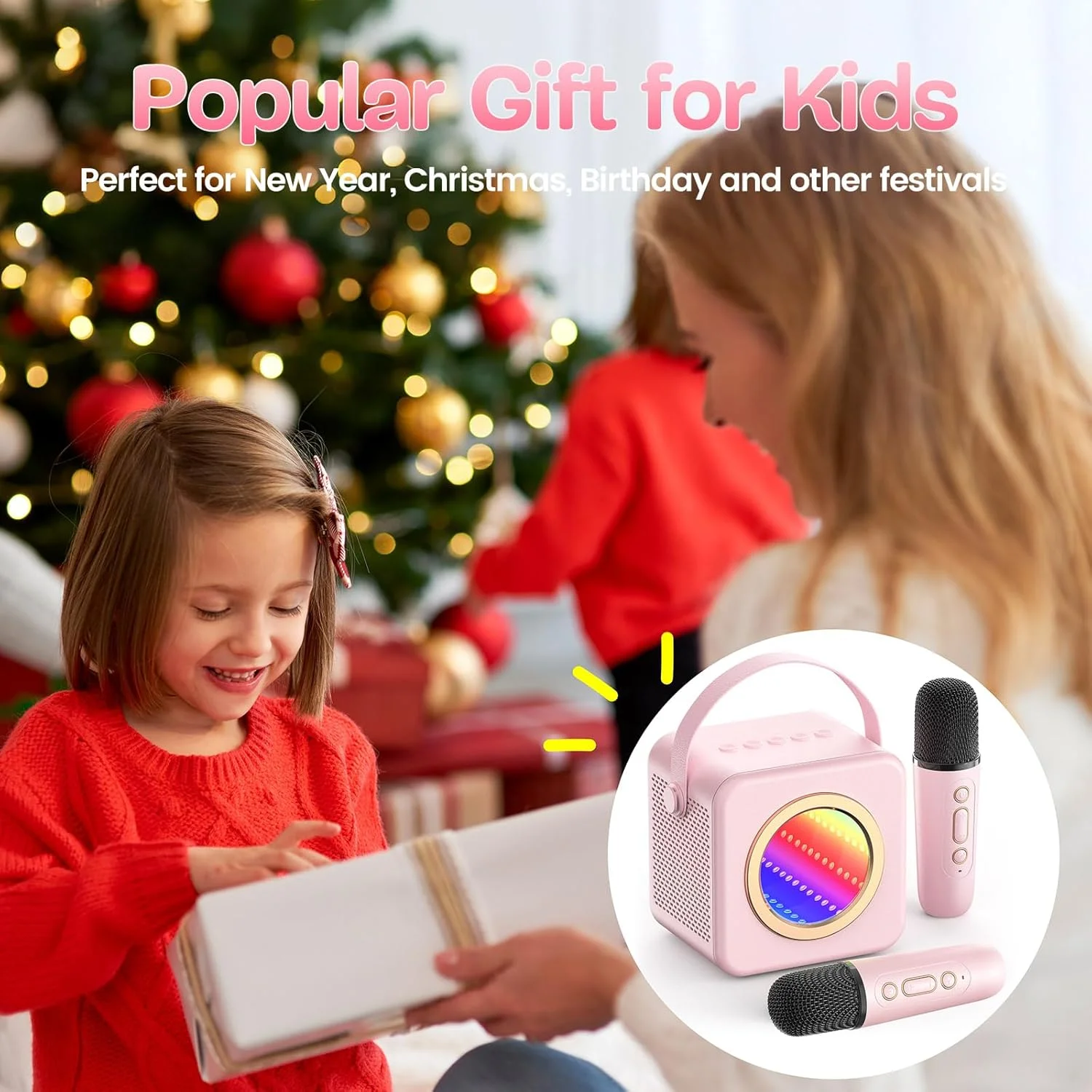 دستگاه کارائوکه کوچک برای کودکان و بزرگسالان، اسپیکر کارائوکه با میکروفون های بی سیم و چراغ LED رنگارنگ، هدیه برای دختران و پسران 4 5 6 7 8 9 10 11 12+ ساله (صورتی)