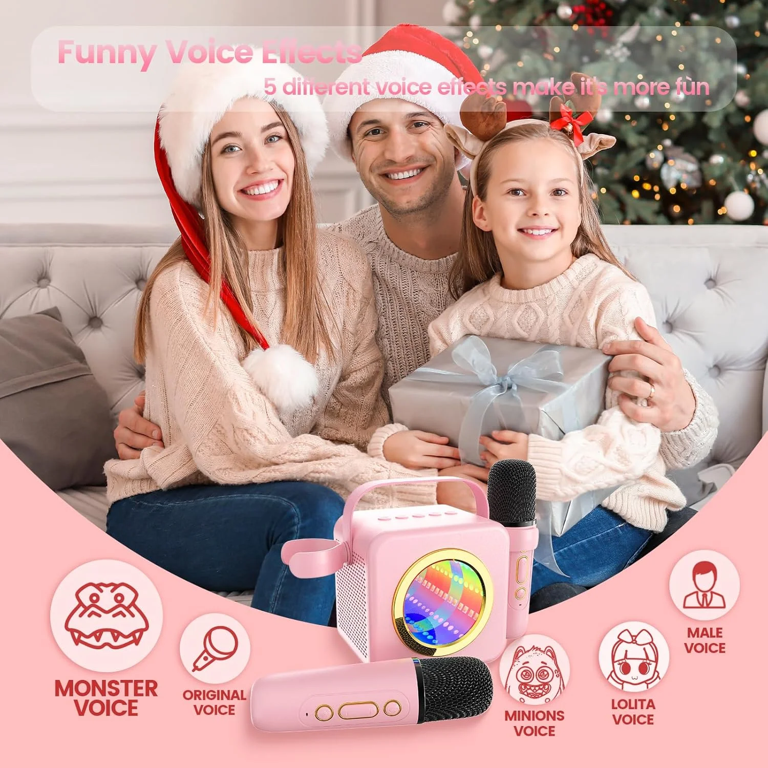 دستگاه کارائوکه کوچک برای کودکان و بزرگسالان، اسپیکر کارائوکه با میکروفون های بی سیم و چراغ LED رنگارنگ، هدیه برای دختران و پسران 4 5 6 7 8 9 10 11 12+ ساله (صورتی)