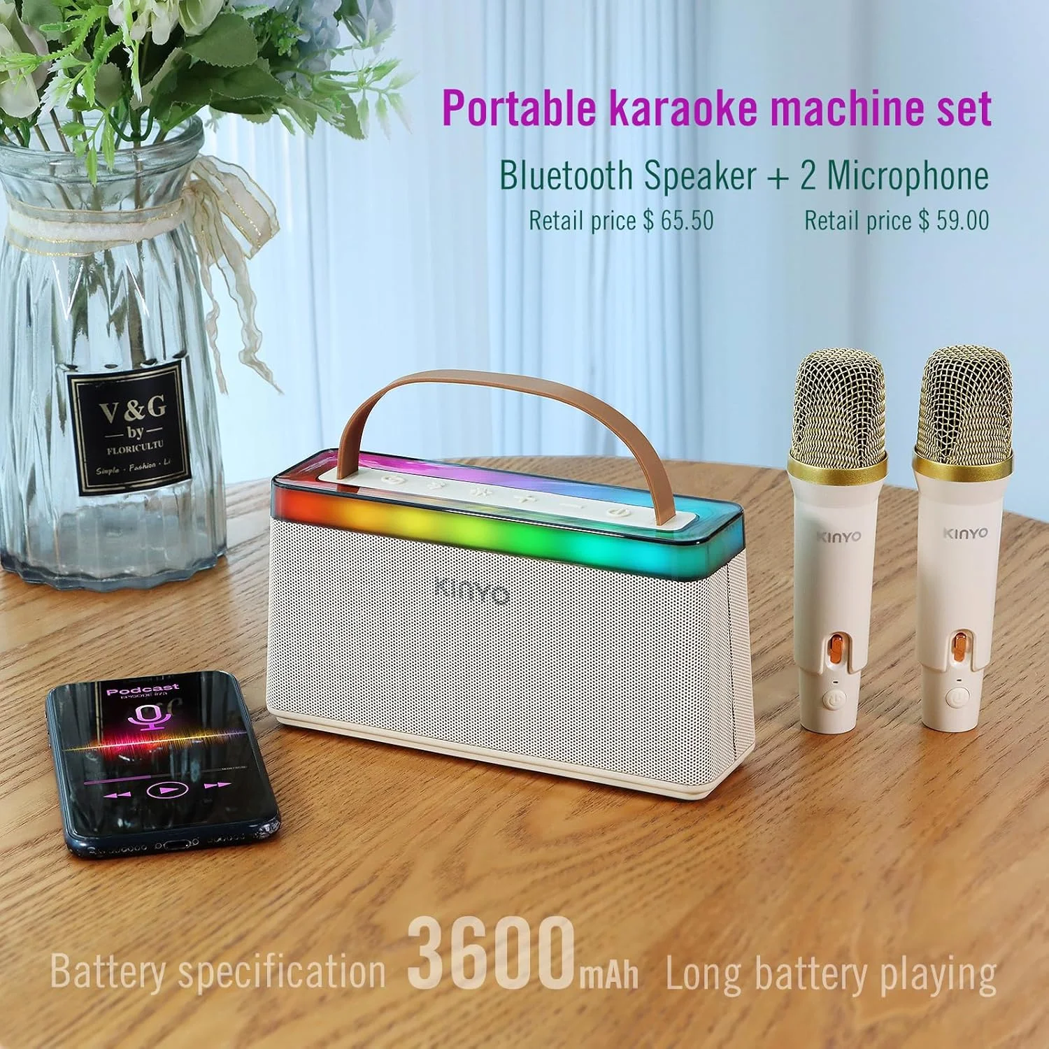 دستگاه کارائوکه قابل حمل، هدیه ای برای بزرگسالان یا کودکان، شامل بلندگوی بلوتوث و 2 میکروفون برای مهمانی، KTV خانگی، فضای باز، آتش بازی، مسافرت