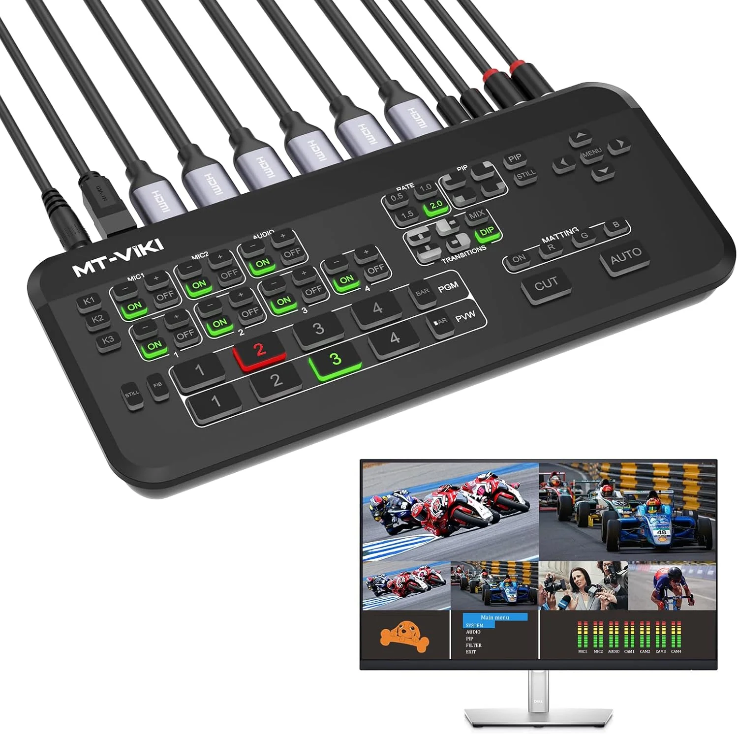 میکسر سوئیچ MT-VIKI HDMI برای پخش زنده، میکسر ویدیو با خروجی پیش نمایش چندگانه و میکسر صدا و صدای 3.5 میلی متری، برای OBS، YouTube