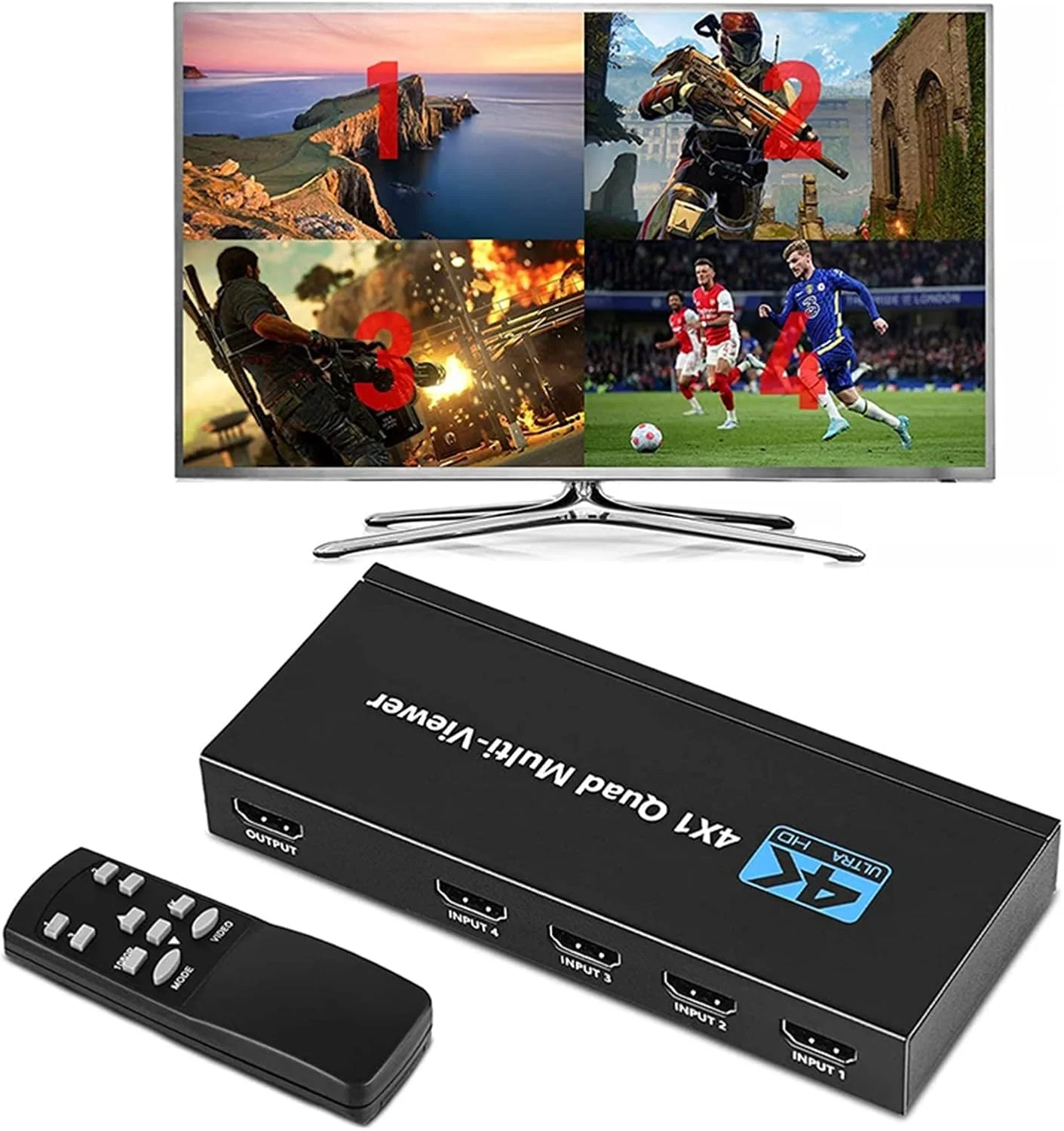میکسر ویدیویی چند فرمتی CDFVFA 4K HDMI، نمایشگر چهارگانه 4x1 HDMI، تقسیم‌بندی صفحه نمایش چندگانه، سوئیچر بدون درز چند صفحه نمایش، مالتی‌پلکسر ویدیو، نمایشگر دوگانه چپ و راست