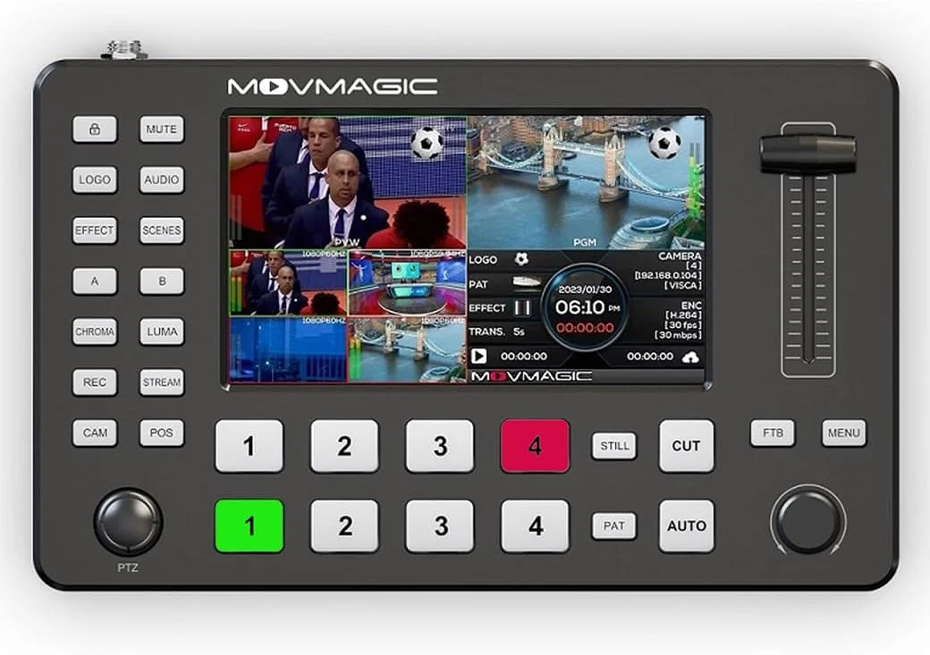 سوئیچگر ویدئویی 4 کاناله Full HD مولتی ویو MOVMAGIC M1 5 اینچی برای پخش زنده، پشتیبانی از کنترل PTZ/PIP/POP/SSD/Logo/UVC، میکسر ویدئو