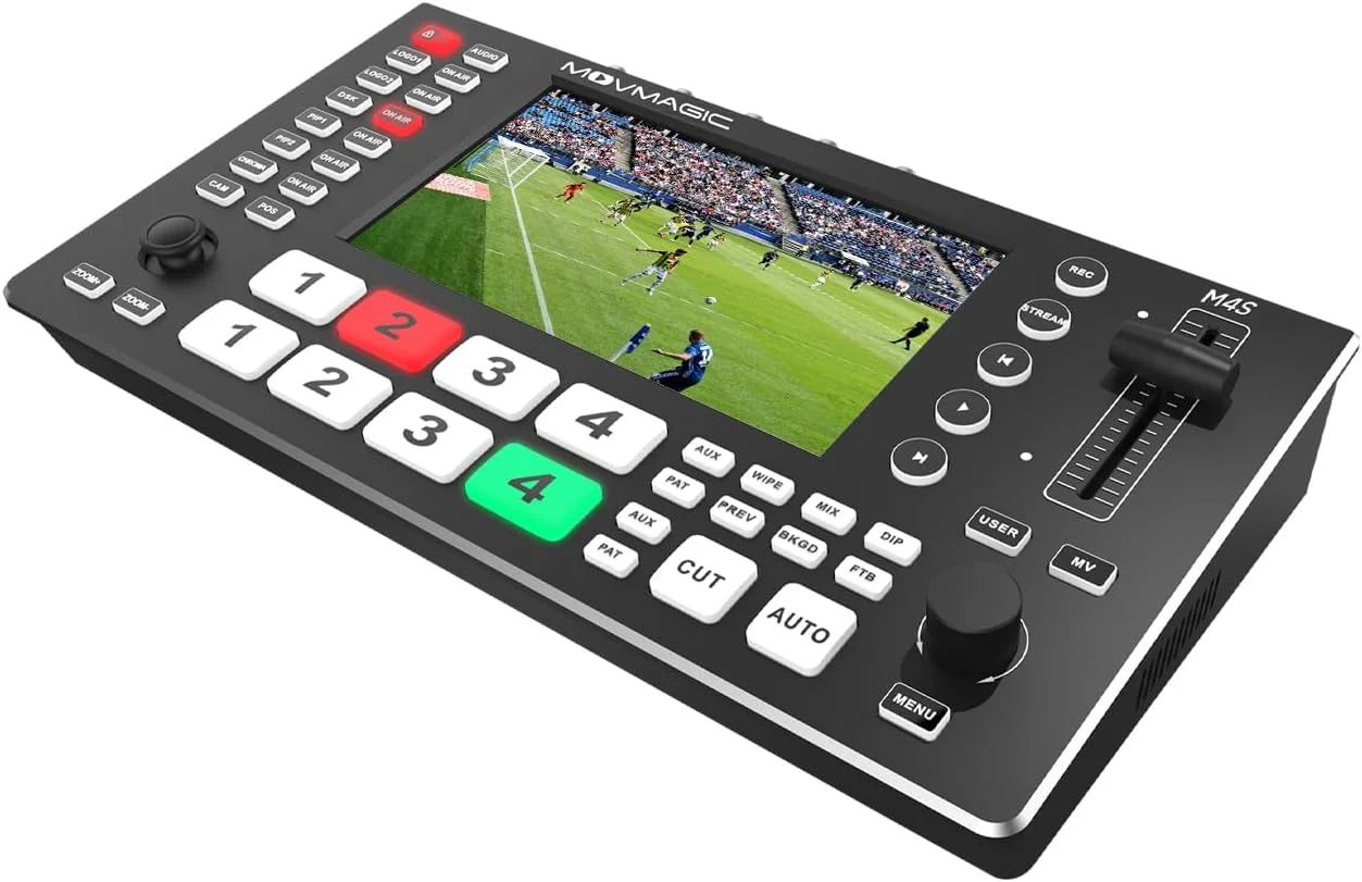 میکسر تصویر چند دوربینه MOVMAGIC M4S با ورودی 2HDMI(4K/60P) با صفحه نمایش HD 5.5 اینچی، استریم USB 3.1، ضبط/پخش، پشتیبانی از PTZ/SD، 4 ورودی HDMI/SDI و 1 ورودی LAN/USB.