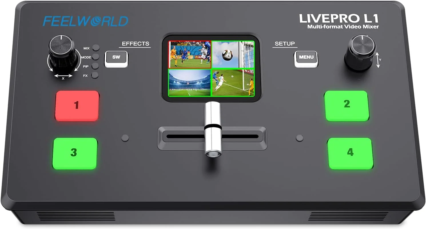 میکسر سوئیچر ویدئویی چند دوربینه FEELWORLD LIVEPRO L1 V1 با نمایشگر LCD 2 اینچی، 4 ورودی HDMI، خروجی USB 3.0، تولید زنده بلادرنگ، پخش زنده، سبک وزن