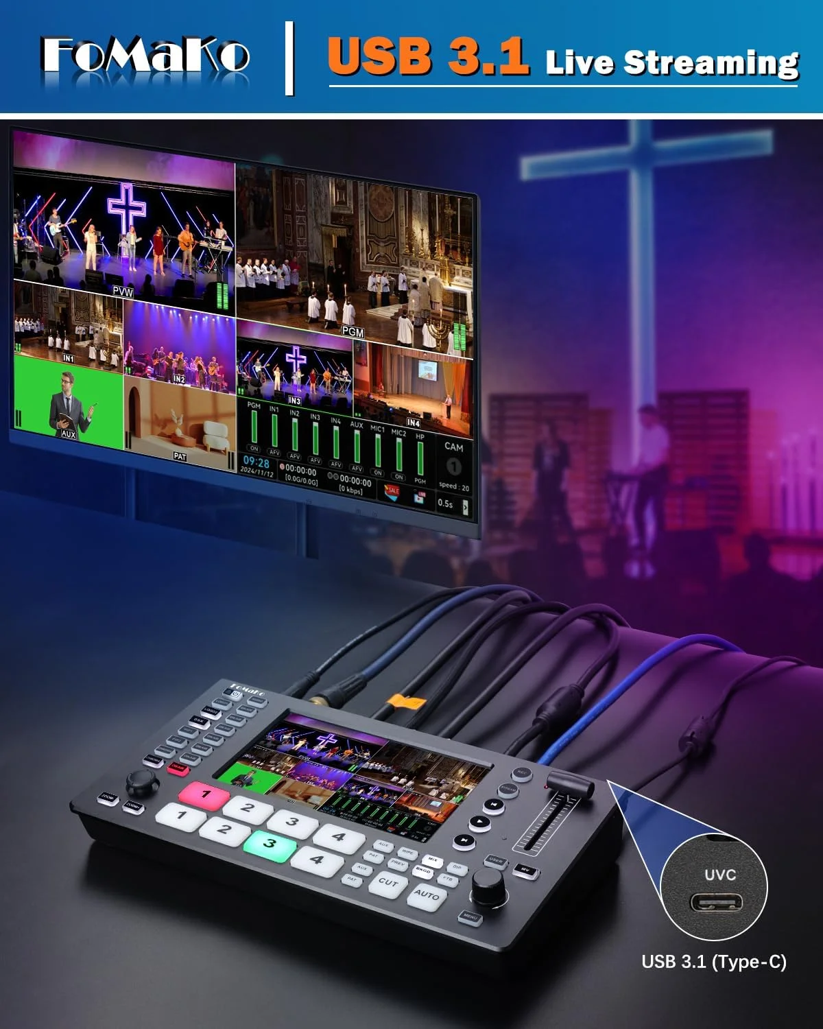 میکسر ویدئو 4K FoMaKo، سوئیچر 5 کاناله HDMI SDI برای پخش زنده، خروجی 1080p 60FPS، کنترلر PTZ مدل M4
