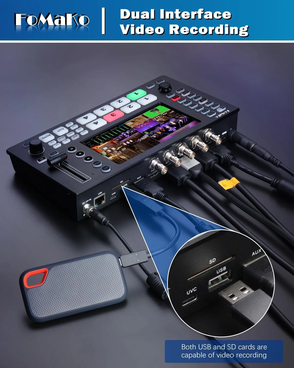 میکسر ویدئو 4K FoMaKo، سوئیچر 5 کاناله HDMI SDI برای پخش زنده، خروجی 1080p 60FPS، کنترلر PTZ مدل M4