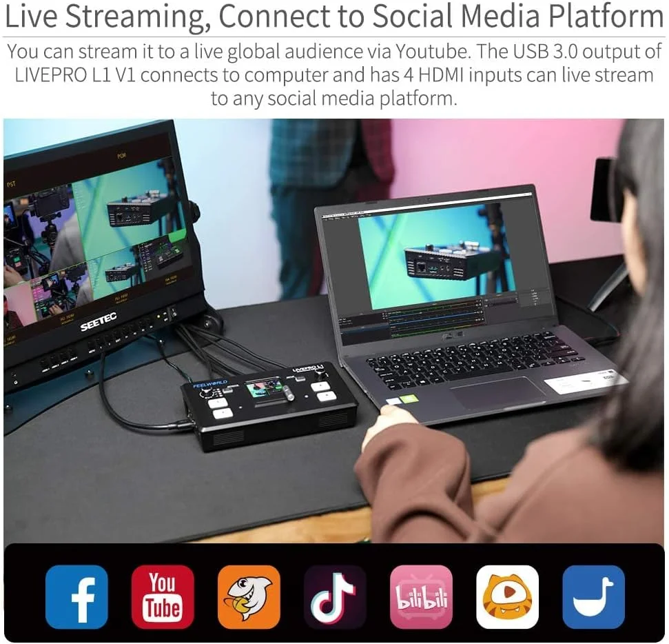 میکسر سوئیچر ویدیویی چند فرمتی Feelworld LIVEPRO L1 V1 با نمایشگر LCD 2 اینچی، 4 ورودی HDMI، USB3.0 برای پخش زنده/تولید دوربین/پخش زنده (همراه با کابل USB + آداپتور) میکسر سوئیچر ویدیویی چند فرمتی Feelworld LIVEPRO L1 V1 با نمایشگر LCD 2 اینچی، 4 ورودی HDMI، USB3.0 برای پخش زنده/تولید دوربین/پخش زنده (همراه با کابل USB + آداپتور)