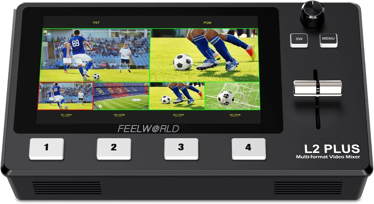 میکسر سوئیچر ویدئویی چند دوربینه FEELWORLD L2 Plus با صفحه نمایش لمسی 5.5 اینچی LCD، کنترلر PTZ، کروماکی، 4 ورودی HDMI، خروجی USB 3.0، فرمت تولید زنده در زمان واقعی، پخش زنده با خنک کننده داخلی