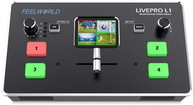 میکسر سوئیچر ویدیویی چند فرمتی Feelworld LIVE PRO L1 با 4 ورودی HDMI، خروجی USB 3.0، نمایشگر LCD 2 اینچی، پخش زنده همزمان و تولید چند دوربینه