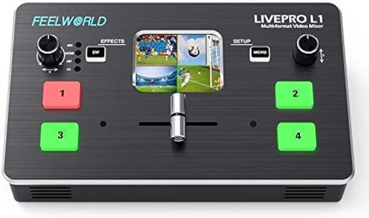 میکسر تصویر چند فرمتی Feelworld LIVEPRO L1 با نمایشگر LCD 2 اینچی، 4 ورودی HDMI، USB3.0 برای پخش زنده / تولید دوربین / پخش زنده (همراه با کابل USB + آداپتور)
