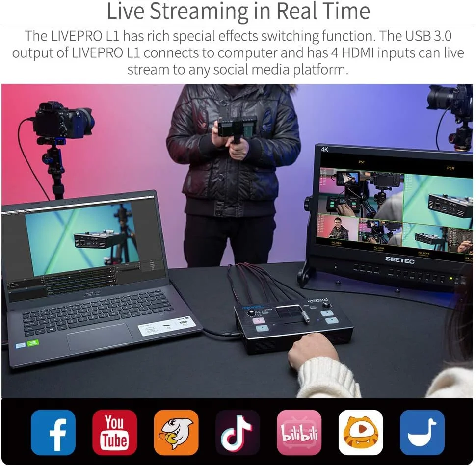 میکسر تصویر FEELWORLD LIVEPRO L1 با 4 ورودی HDMI، فرمت های ویدیویی متنوع، خروجی USB 3.0، پخش زنده همزمان و تولید چند دوربینه