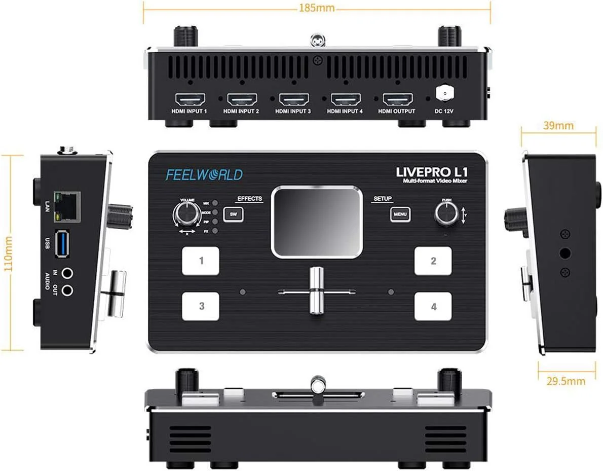 میکسر ویدیویی چند فرمتی Feelworld LIVEPRO L1 با 4 ورودی HDMI، نمایشگر 2 اینچی TFT، پخش زنده، کنترل از راه دور توسط کامپیوتر/تلفن هوشمند (APP)