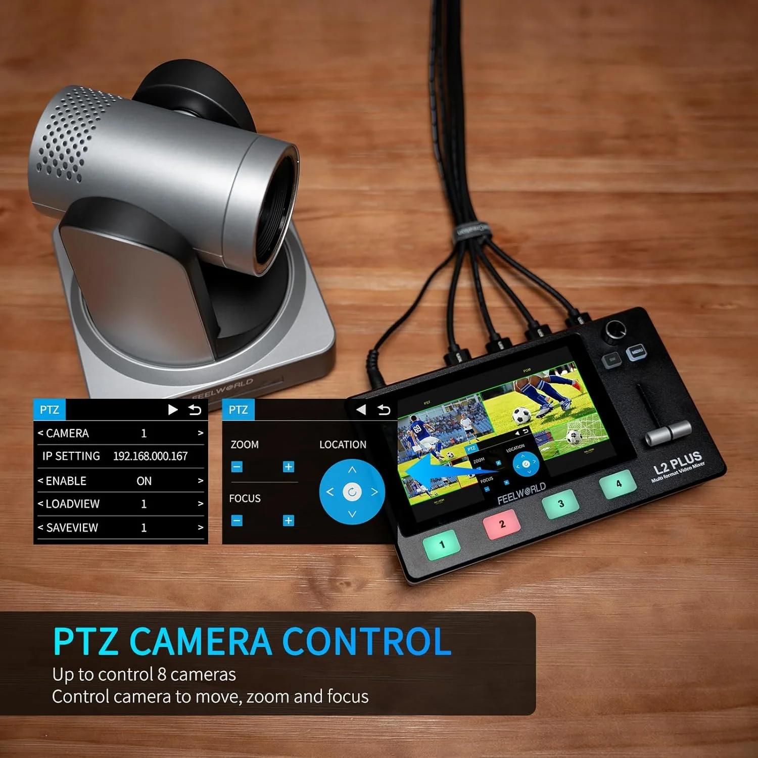 میکسر سوئیچر ویدئویی چند دوربینه FEELWORLD L2 Plus با صفحه نمایش لمسی 5.5 اینچی LCD، کنترلر PTZ، کروماکی، 4 ورودی HDMI، خروجی USB 3.0، فرمت تولید زنده در زمان واقعی، پخش زنده با خنک کننده داخلی