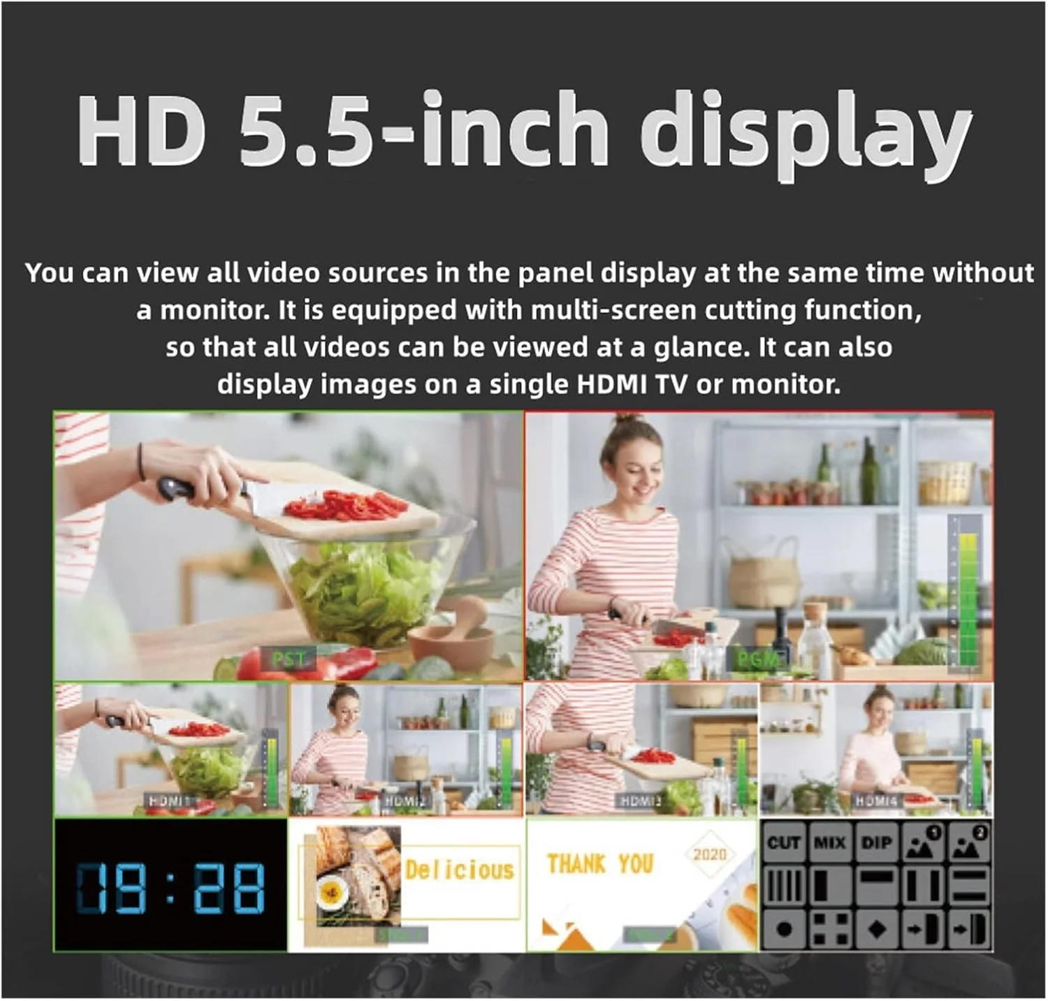 میکسر ویدیویی چند فرمتی، سوییچر میکسر ویدیویی چند دوربینه، پنل ایستگاه سوییچینگ پخش زنده راهنمای چند منظوره، کنترل دوربین PTZ، صفحه نمایش 5.5 اینچی میکسر ویدیویی چند فرمتی، سوییچر میکسر ویدیویی چند دوربینه، پنل ایستگاه سوییچینگ پخش زنده راهنمای چند منظوره، کنترل دوربین PTZ، صفحه نمایش 5.5 اینچی