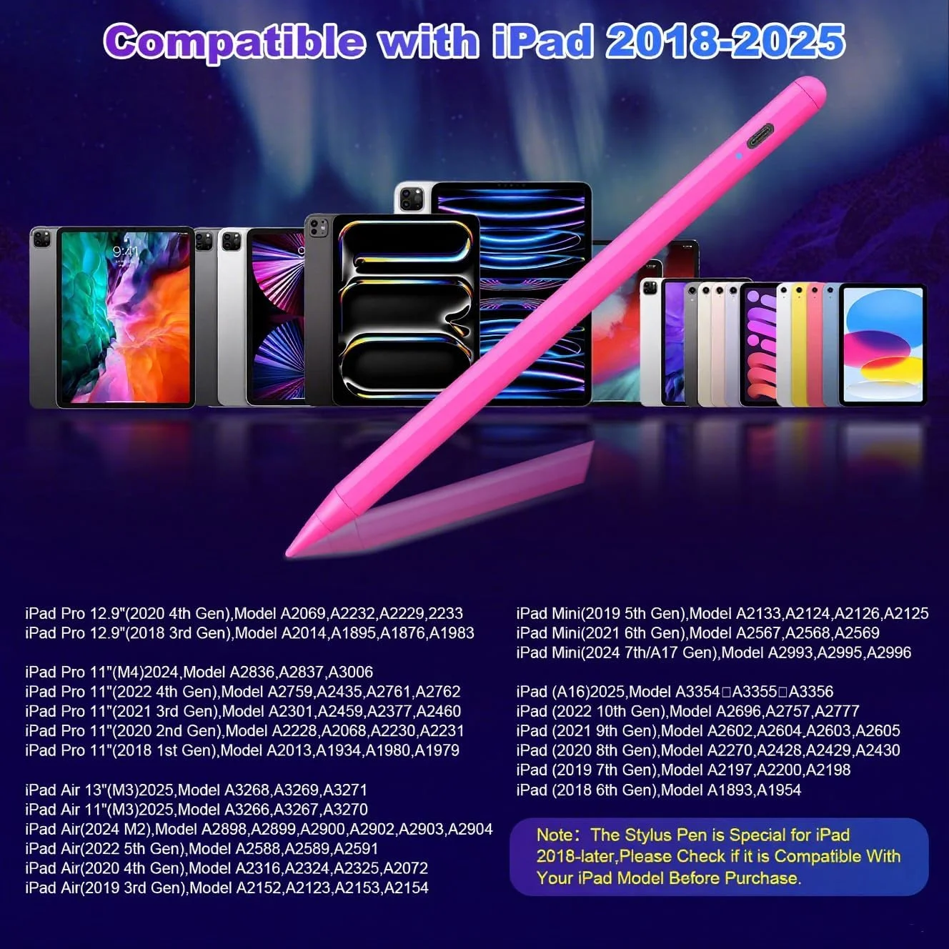 قلم لمسی برای آیپد A16 نسل 11/10 با قابلیت عدم تشخیص کف دست و شارژ سریع، مداد لمسی برای آیپد نسل 11/A16/10/9/8/7/6، پرو 12.9/11/13 اینچ M4، ایر M2/M3/5/4/3، مینی A17/5/6
