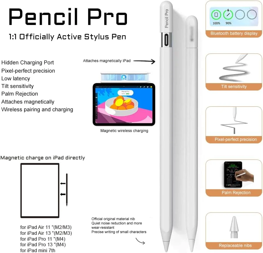قلم مغناطیسی با شارژ بی‌سیم برای آیپد 2024-2025، عملکرد Tilt و Palm Rejection، قلم Stylus Pro برای 2018-2025، آیپد 6/7/8/9/10/11، مینی 5/6/7، پرو 11"/12.9"/M4، ایر 3/4/5/M2/M3، سفید