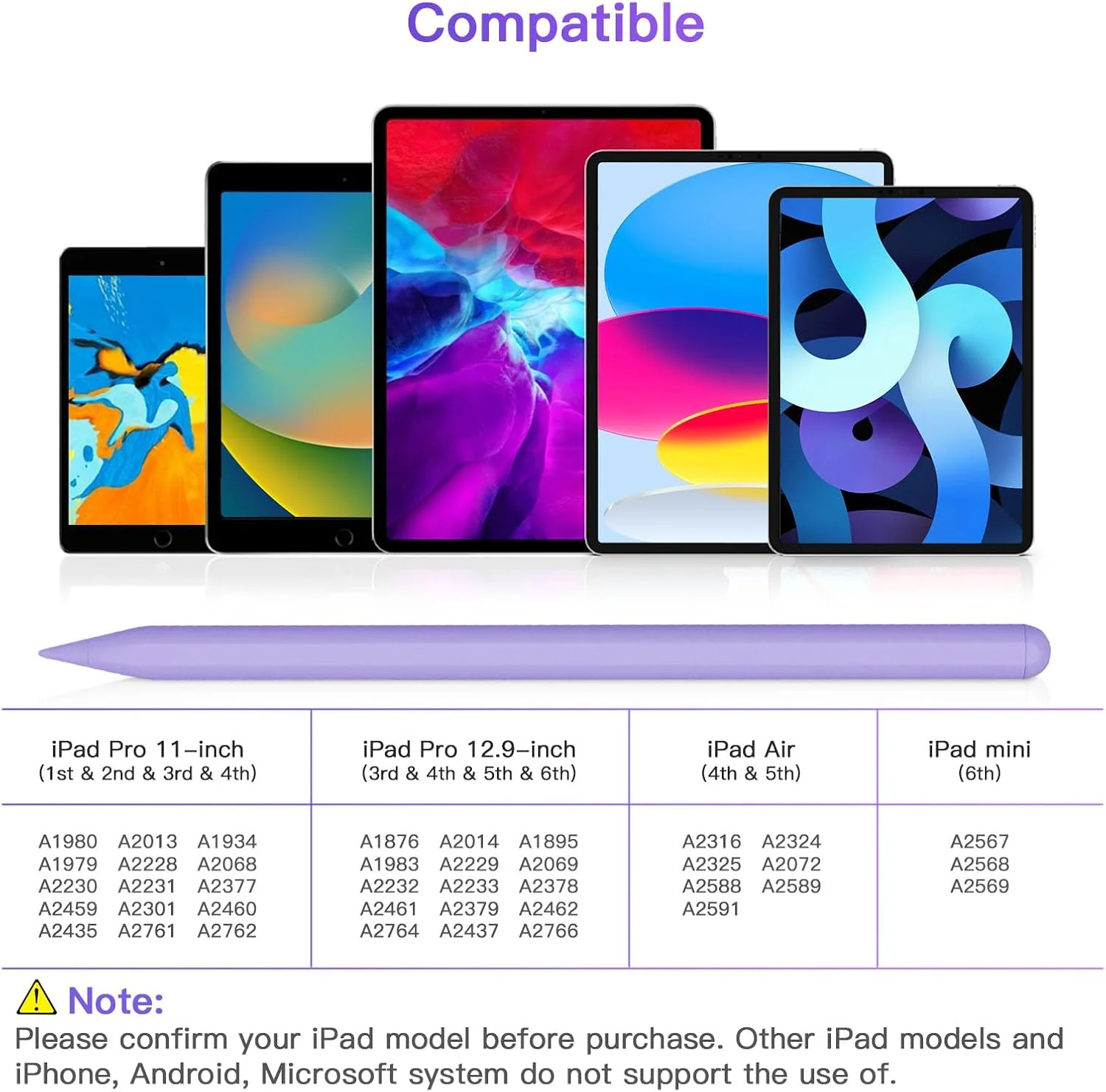 قلم لمسی نسل دوم با شارژ بی‌سیم مغناطیسی، قلم لمسی هوشمند سازگار با آیپد پرو ۱۱ اینچ ۱/۲/۳/۴، آیپد پرو ۱۲.۹ اینچ ۳/۴/۵/۶، آیپد ایر ۴/۵، آیپد مینی ۶، بنفش