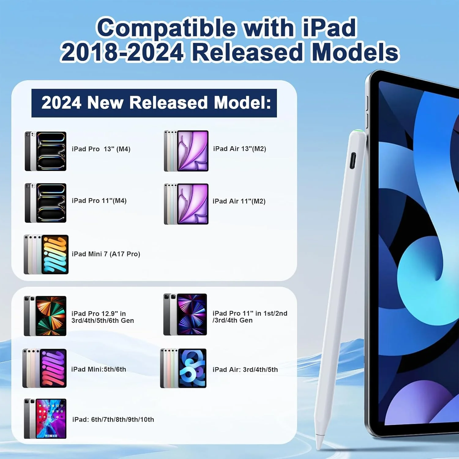 قلم لمسی نسل دوم برای آیپد 2018-2024 با شارژ بی‌سیم مغناطیسی سازگار با Apple iPad Pro 13 اینچی (M4)/12.9 اینچی/11 اینچی، iPad Air 6(M2)/5/4/3، iPad mini 7(A17 Pro)/6/5، iPad 10/9/8/7/6 سفید