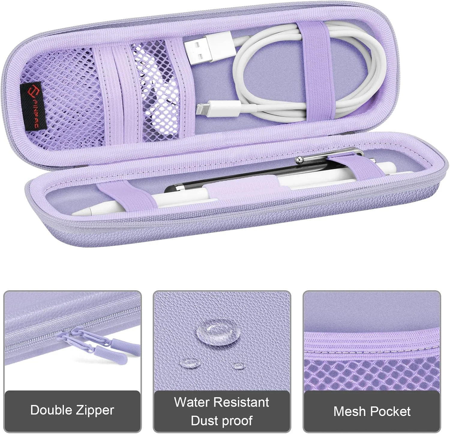 کیف نگهدارنده Fintie برای قلم اپل پرو، قلم اپل (USB-C / نسل 1 / نسل 2)، کیف حمل چرمی PU سازگار با قلم، کابل USB، قلم سامسونگ، بنفش یاسی