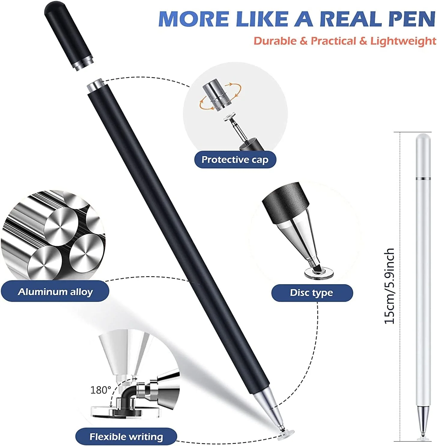 قلم لمسی یونیورسال برای صفحه نمایش لمسی، قلم لمسی پسیو سازگار با دستگاه های iOS و اندروید، آیپد، آیفون، لپ تاپ، تلفن های سامسونگ و تبلت ها، برای طراحی و دست خط. (سفید) (مشکی)