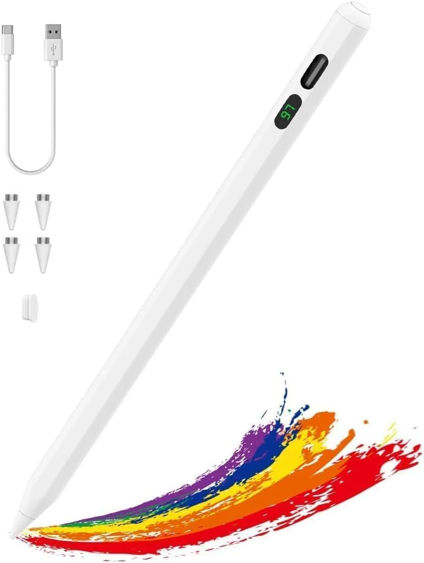 قلم لمسی یونیورسال خازنی با نمایشگر میزان شارژ، مناسب برای آیپد/آیفون اپل/سامسونگ/لنوو/تبلت های اندروید و گوشی های هوشمند، سفید