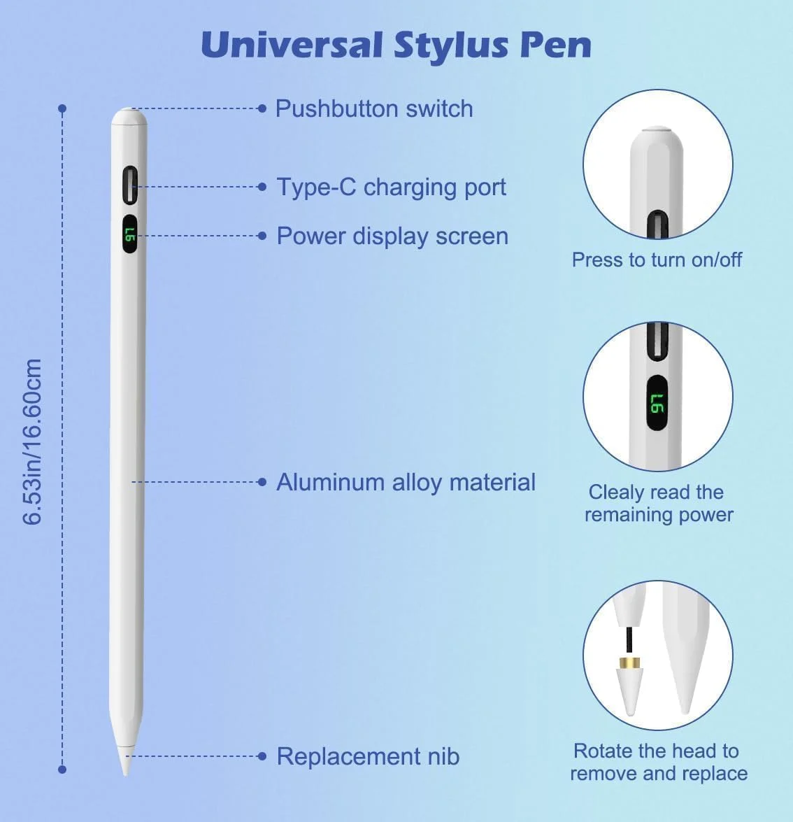 قلم لمسی یونیورسال خازنی با نمایشگر میزان شارژ، مناسب برای آیپد/آیفون اپل/سامسونگ/لنوو/تبلت های اندروید و گوشی های هوشمند، سفید