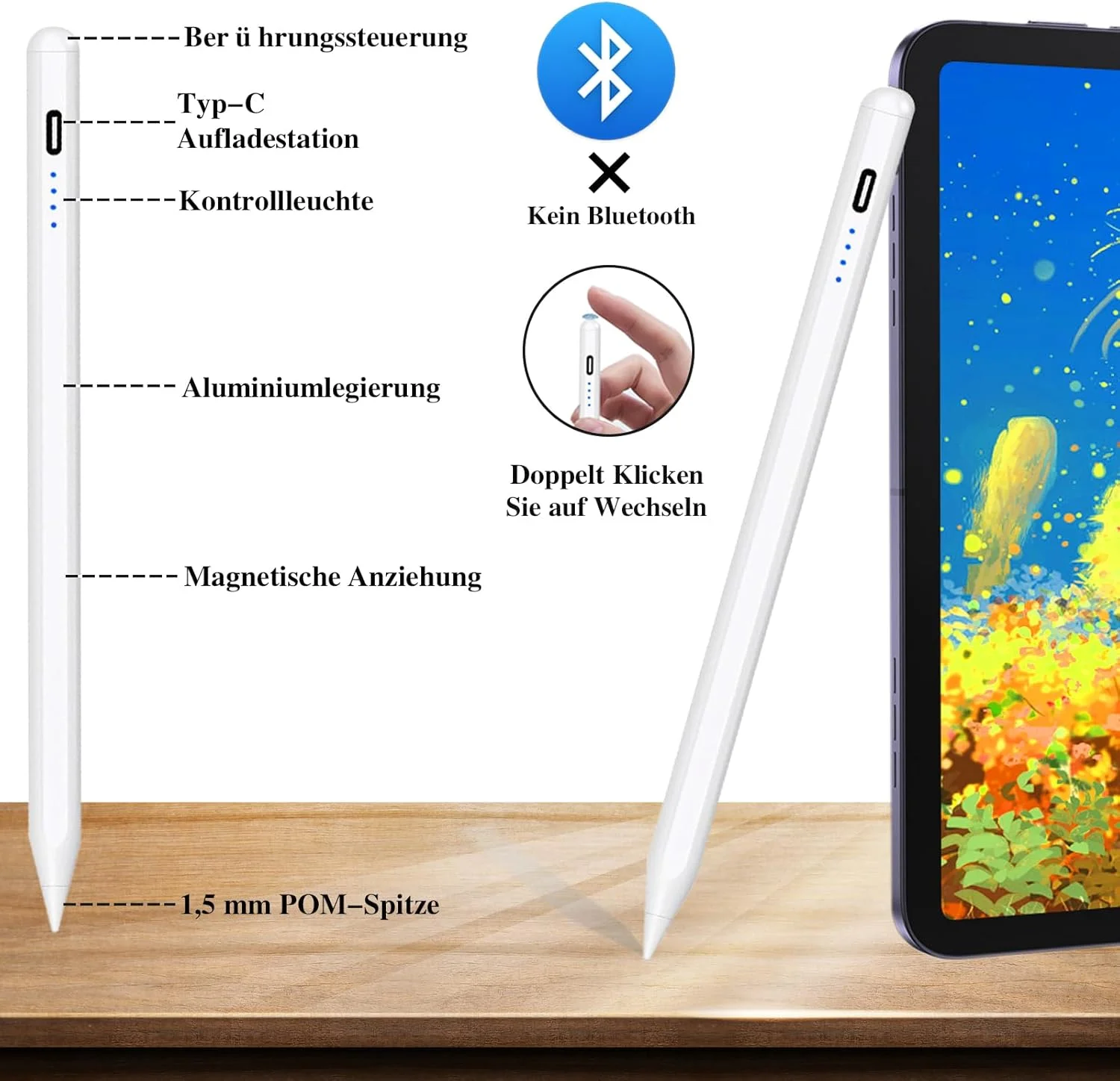 قلم لمسی یونیورسال برای صفحات لمسی، نوک POM مغناطیسی، قلم آیپد قابل شارژ، قلم لمسی اکتیو برای اندروید/آیپد/پرو/ایر/مینی/آیفون/سامسونگ/لنوو/iOS و سایر دستگاه های تلفن هوشمند