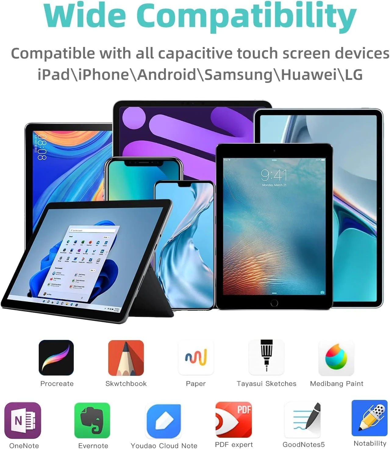 قلم استایلوس فعال یونیورسال با شارژ سریع، قابلیت رد دست، حسگر شیب، مناسب برای آیپد/پرو/ایر/آیفون/iOS، تبلت‌های اندروید، مایکروسافت، سامسونگ، لنوو، نوشتن، طراحی، به همراه نوک اضافی (سفید)