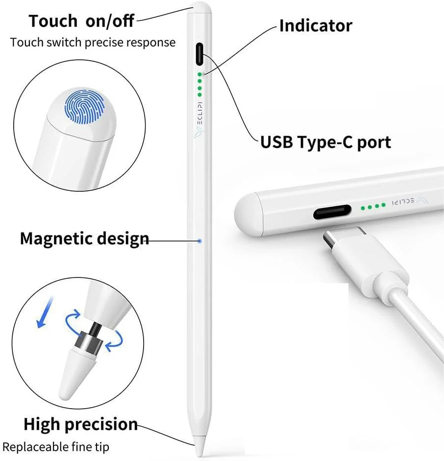 قلم استایلوس فعال یونیورسال با شارژ سریع، قابلیت رد دست، حسگر شیب، مناسب برای آیپد/پرو/ایر/آیفون/iOS، تبلت‌های اندروید، مایکروسافت، سامسونگ، لنوو، نوشتن، طراحی، به همراه نوک اضافی (سفید)
