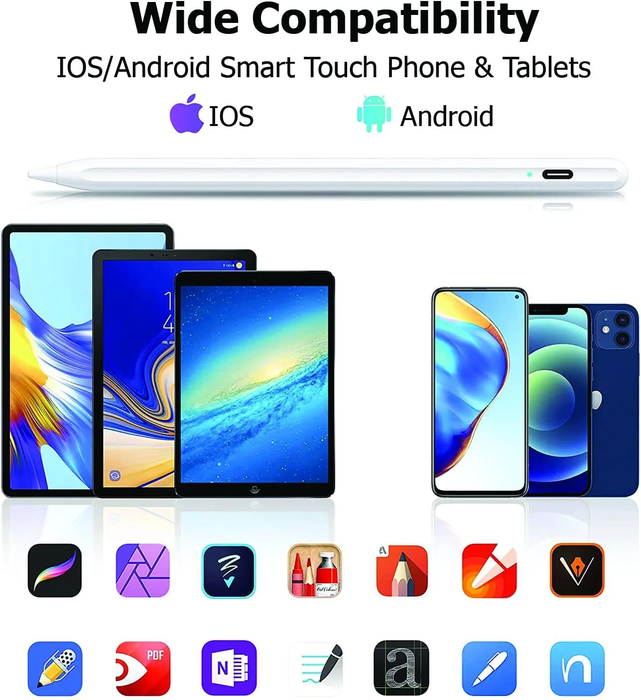 قلم لمسی FACE HUB، قلم فعال ارتقا یافته سازگار با لمس iOS و Android، قلم دوگانه صفحه لمسی برای مدل های Apple/Android/iPad 2018 تا 2024 به همراه کاور (سفید)