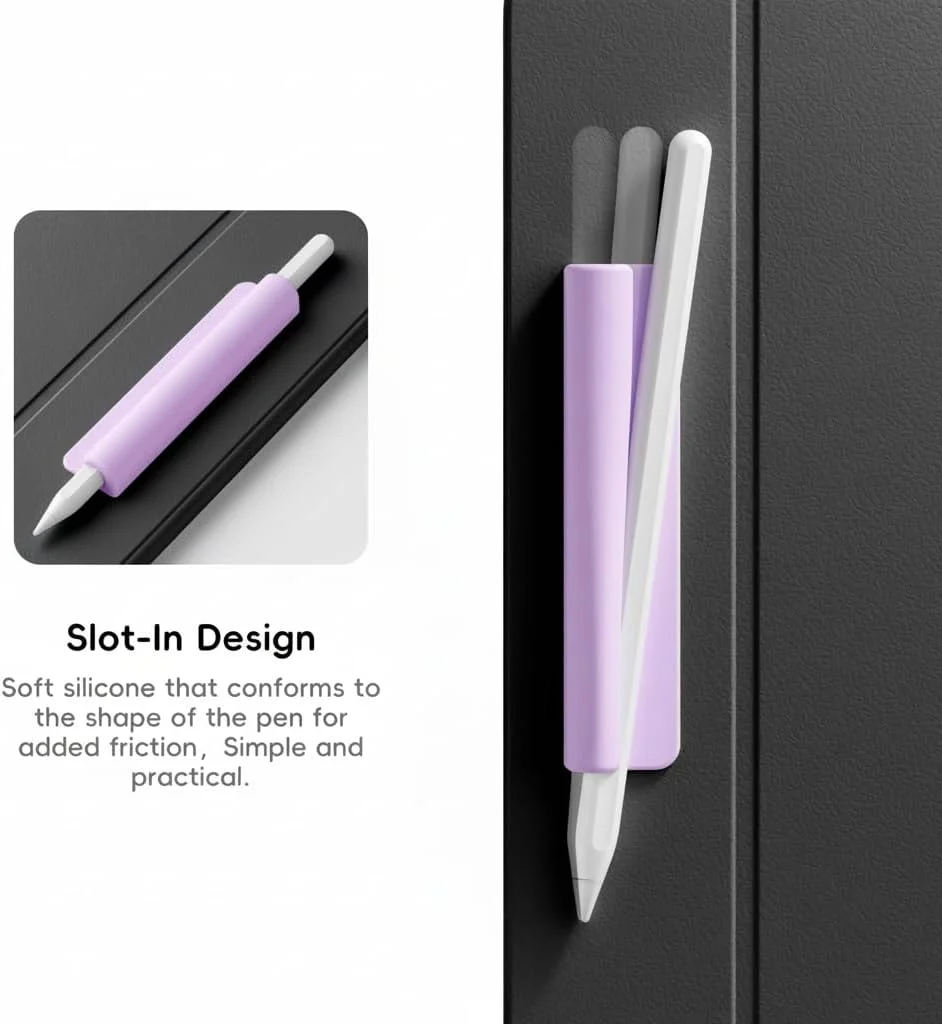 بسته 3 عددی نگهدارنده مداد سیلیکونی برای مداد اپل، مناسب برای مداد اپل (USB-C)، مداد اپل نسل 1/2، چسب قوی متصل به قاب آیپد برای قلم های لمسی، سفید، صورتی، بنفش