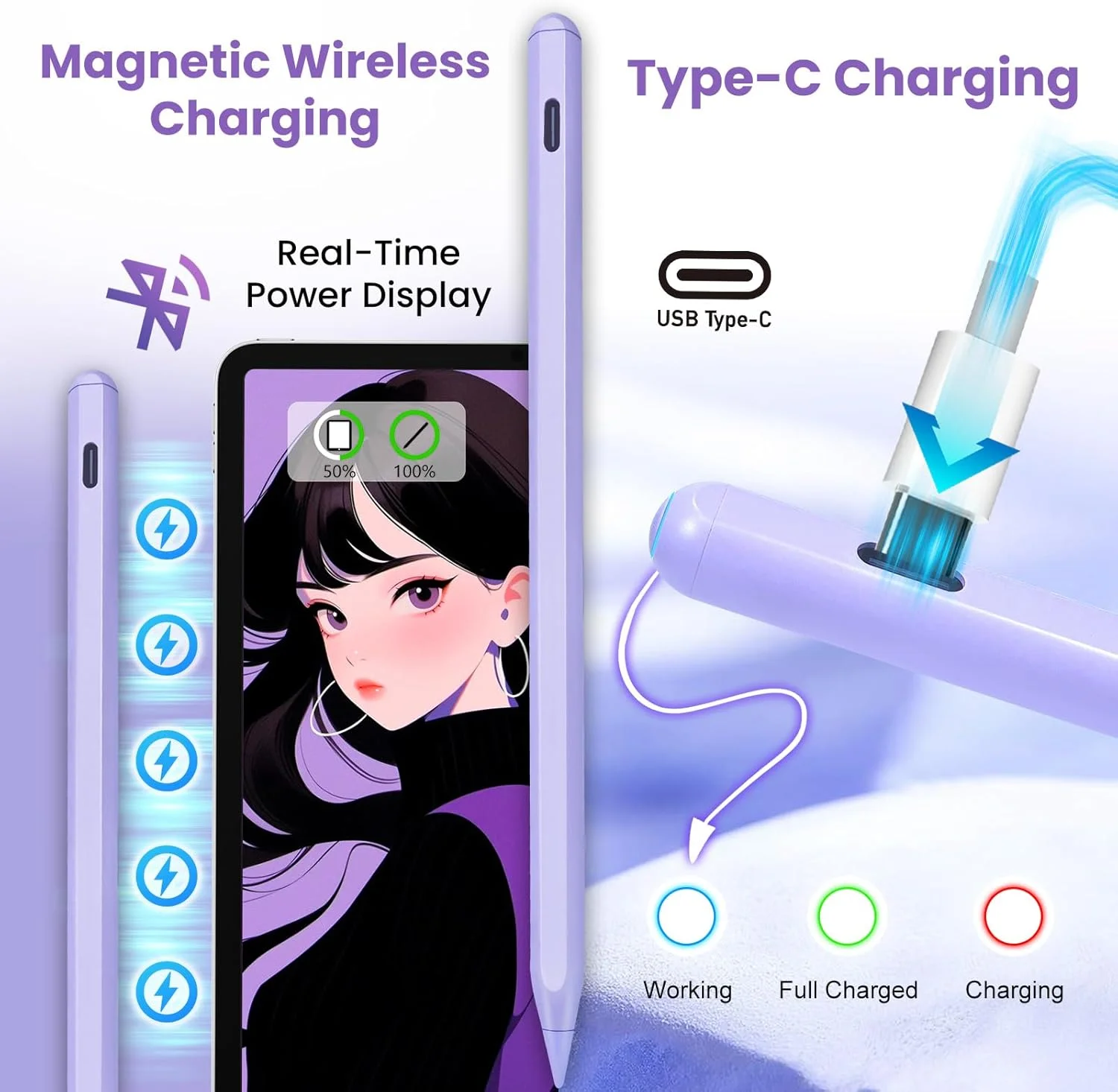 قلم لمسی Pro برای آیپد پرو، قلم برای آیپد با شارژ بیسیم مغناطیسی، جلوگیری از لمس ناخواسته، قلم استایلوس برای آیپد ایر نسل پنجم، آیپد پرو ۱۲.۹/۱۱، آیپد مینی نسل ششم، آیپد نسل دهم/نهم/هشتم، بنفش قلم لمسی Pro برای آیپد پرو، قلم برای آیپد با شارژ بیسیم مغناطیسی، جلوگیری از لمس ناخواسته، قلم استایلوس برای آیپد ایر نسل پنجم، آیپد پرو ۱۲.۹/۱۱، آیپد مینی نسل ششم، آیپد نسل دهم/نهم/هشتم، بنفش