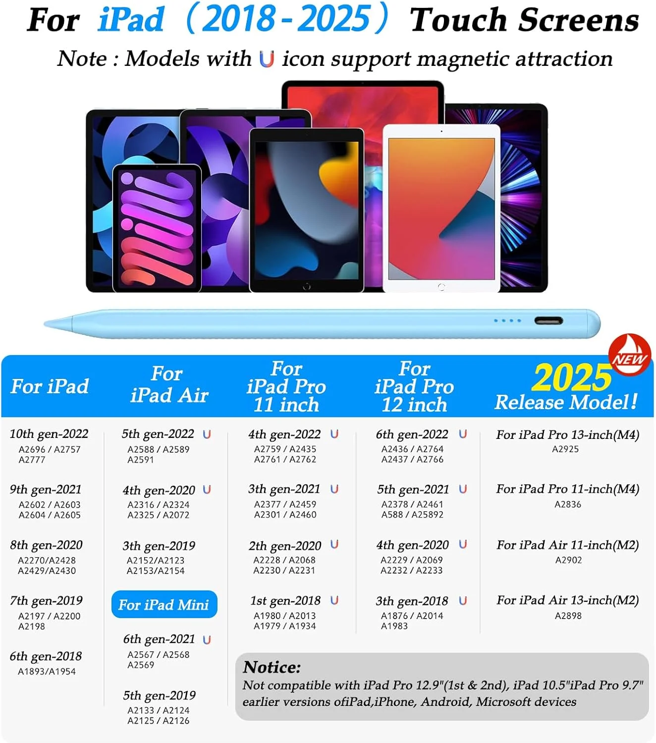 قلم برای آیپد اپل A16 نسل 10 | قلم لمسی برای آیپد 2025-2018 نسل 11-6، پرو 11 اینچ/12.9 اینچ/13 اینچ M4، ایر 11 اینچ/13 اینچ M2/M3، مینی A17 Pro/6/5 | رد اثر کف دست - آبی قلم برای آیپد اپل A16 نسل 10 | قلم لمسی برای آیپد 2025-2018 نسل 11-6، پرو 11 اینچ/12.9 اینچ/13 اینچ M4، ایر 11 اینچ/13 اینچ M2/M3، مینی A17 Pro/6/5 | رد اثر کف دست - آبی