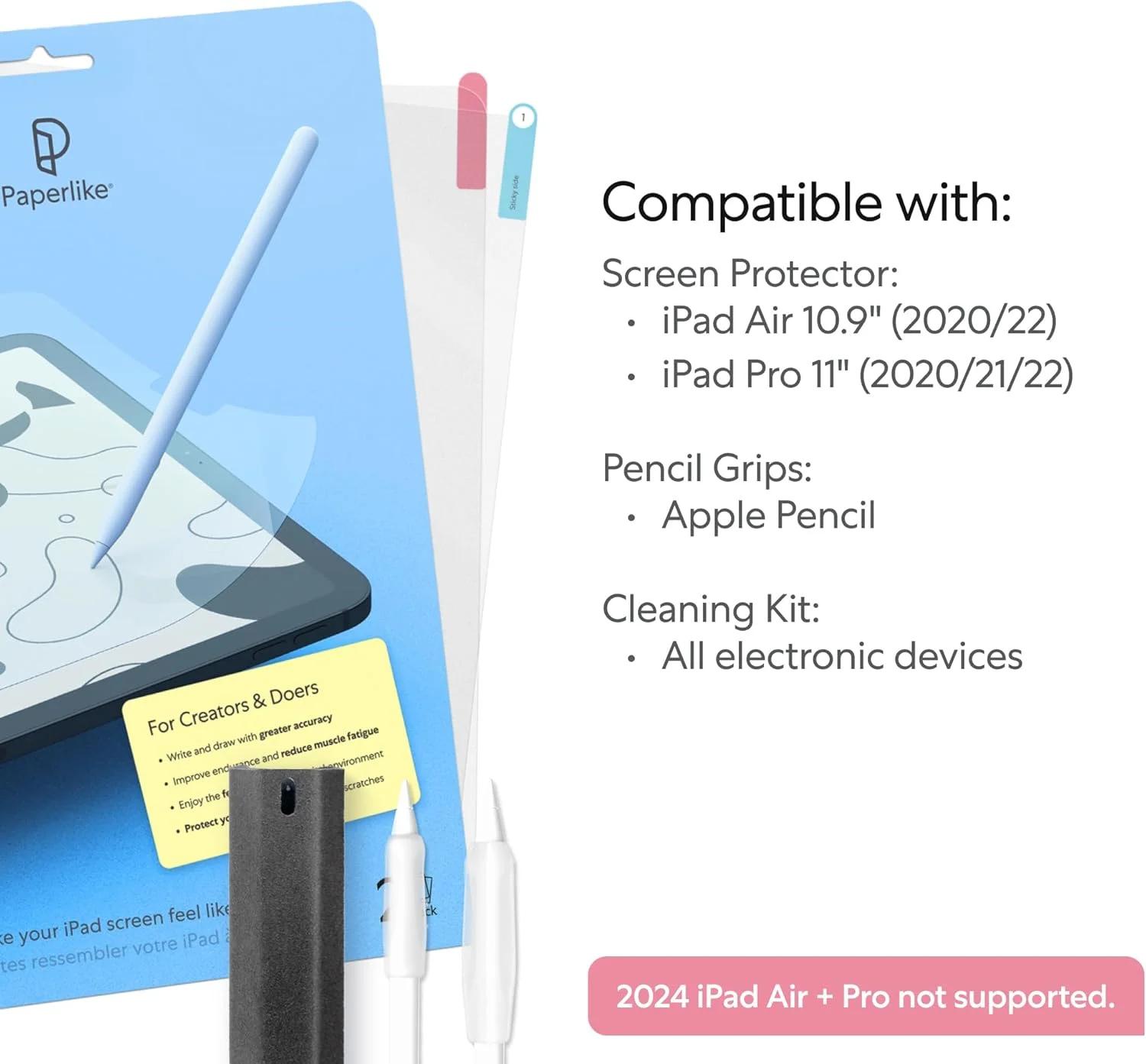 مجموعه حرفهای Paperlike 2.0 - محافظ صفحه نمایش برای آیپد پرو ۱۱ اینچ و آیپد ایر ۱۰.۹ اینچ، گریپ مداد برای اپل پنسل و کیت تمیز کننده مجموعه حرفهای Paperlike 2.0 - محافظ صفحه نمایش برای آیپد پرو ۱۱ اینچ و آیپد ایر ۱۰.۹ اینچ، گریپ مداد برای اپل پنسل و کیت تمیز کننده