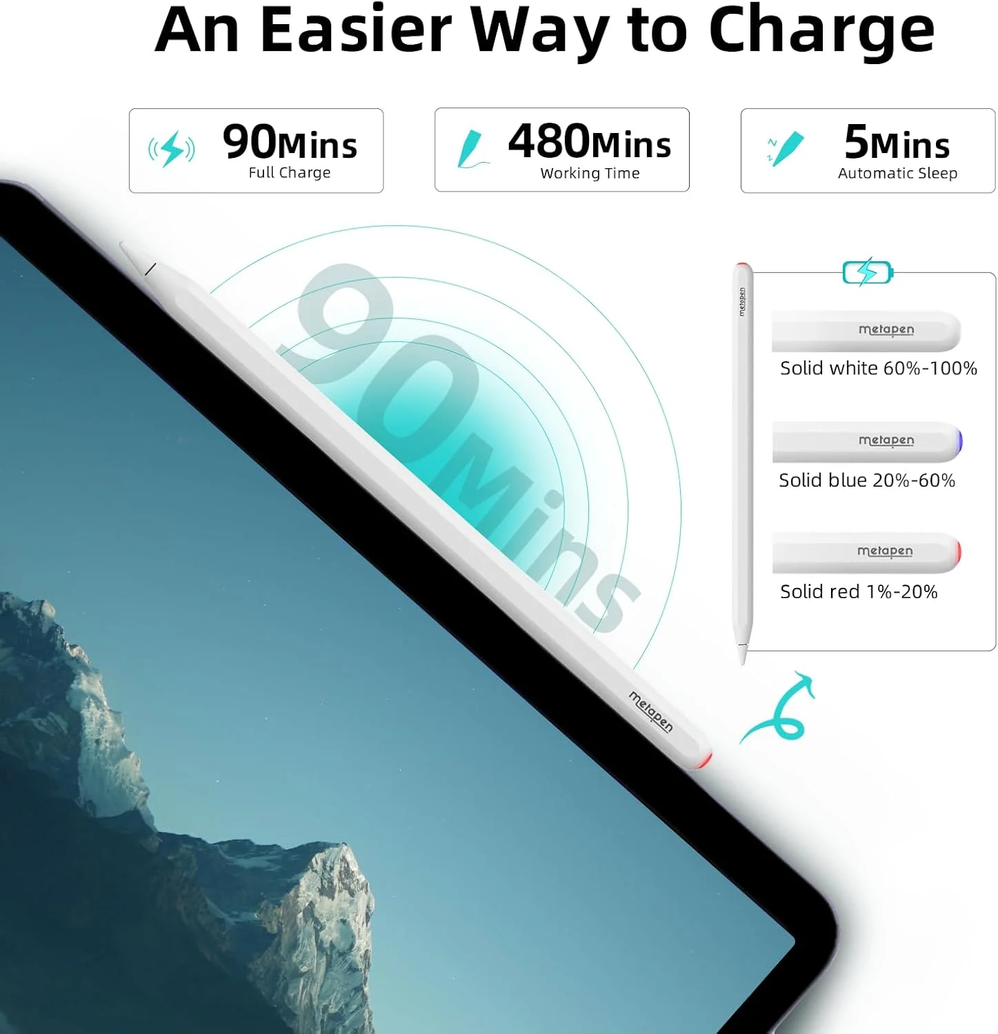 قلم نوری Metapen A14 با قابلیت شارژ بیسیم، مشابه قلم نسل دوم آیپد، حساس به زاویه، دارای تکنولوژی عدم تشخیص کف دست، سازگار با Apple iPad Pro 11" 4/3/2/1, iPad Pro 12.9" 6/5/4/3, iPad Air 4/5, iPad Mini 6 قلم نوری Metapen A14 با قابلیت شارژ بیسیم، مشابه قلم نسل دوم آیپد، حساس به زاویه، دارای تکنولوژی عدم تشخیص کف دست، سازگار با Apple iPad Pro 11" 4/3/2/1, iPad Pro 12.9" 6/5/4/3, iPad Air 4/5, iPad Mini 6