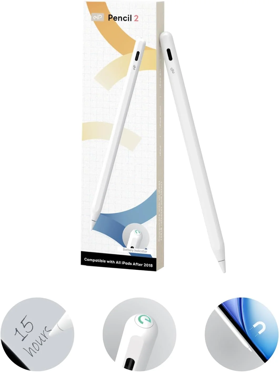 قلم لمسی eiP Pencil 2 برای آیپد 2024-2018، مغناطیسی، دقت 0.1 میلی‌متر، نوک‌های بادوام 2 برابر، قلم استایلوس با قابلیت رد کف دست برای آیپد نسل 10/9/8/7/6، آیپد پرو 12.9/11/13 اینچ M4، آیپد ایر 3/4/5 M2، آیپد مینی 5/6/7، سفید