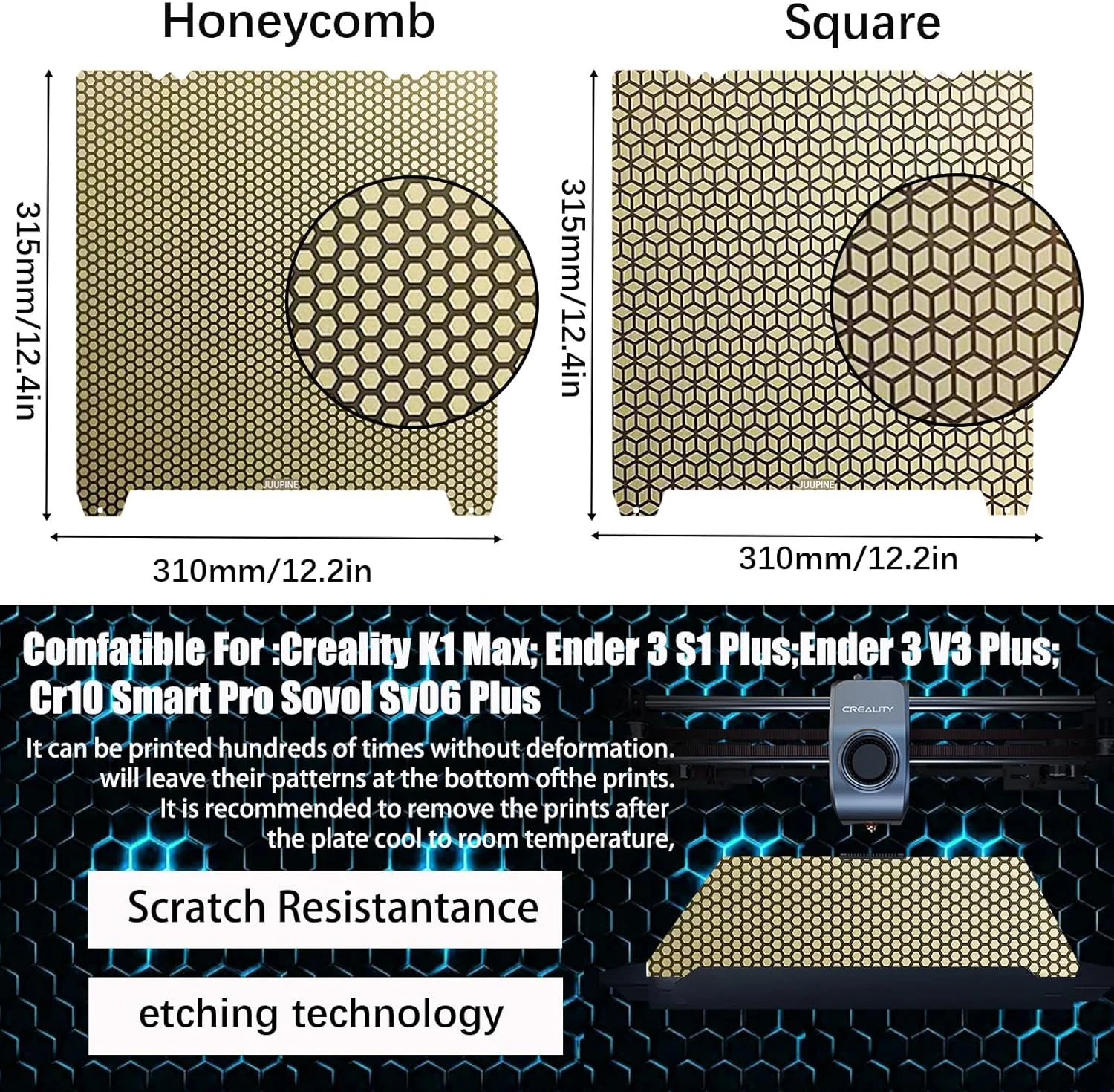 صفحه ساخت لانه زنبوری PEI برای پرینتر سه بعدی Creatily K1 Max/Ender 3 V3 Plus/Ender 3 S1 Plus، فناوری اچینگ ارتقا یافته، لانه زنبوری PEI صاف + الگوی مربعی 310x315 میلی متر