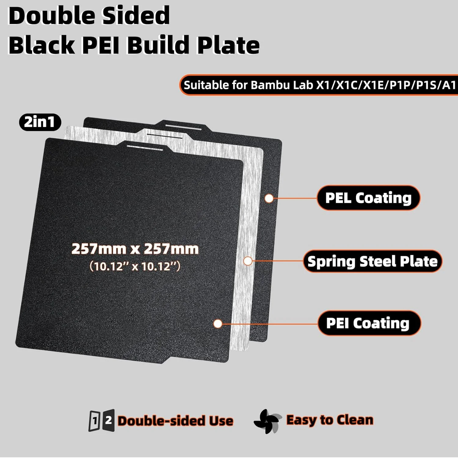 صفحه ساخت دو طرفه مشکی بافت دار PEI برای Bambu Lab X1/X1C/X1E/P1P/P1S/A1، ورق فولادی فنری ضخیم و انعطاف پذیر، پلتفرم پرینتر سه بعدی 257x257 میلی متر